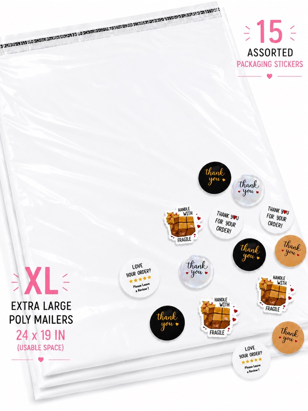 🆕 XL 10 White Strong Poly Mailers 24 x 19 + Assorted 15 Thank You Sticker NWOT